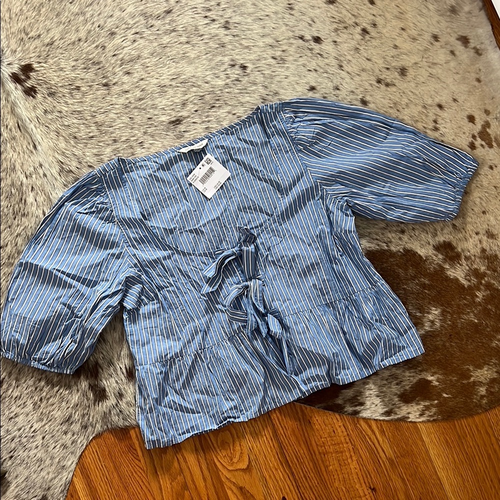 Blue Striped Blouse with Bow Detail